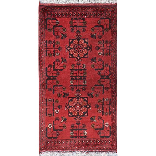 Scarlet Red, Afghan Andkhoy with Geometric Pattern, Pure Wool Hand Knotted, Oriental Rug
