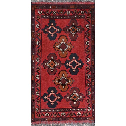 Cherry Red, Afghan Andkhoy with Geometric Pattern, Organic Wool Hand Knotted, Oriental 