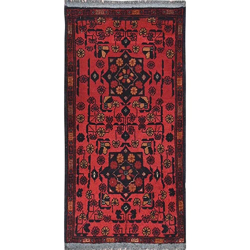Apple Red, Afghan Andkhoy with Geometric Pattern, 100% Wool Hand Knotted, Mat, Oriental 