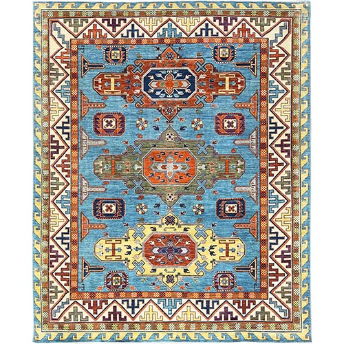 Ruddy Blue, Armenian Inspired Caucasian Design, 200 KPSI, Vegetable Dyes, Dense Weave, Pure Wool, Hand Knotted, Oriental 