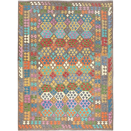 Colorful, Afghan Kilim with Geometric Pattern, Hand Woven, Flat Weave, Soft Wool, Vegetable Dyes, Oriental Rug