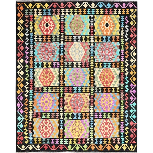 Asphalt Black with Floral Black Border, 100% Wool, Vegetable Dyes, Flat Weave, Hand Woven, Reversible Afghan Kilim with All Over Geometric Pattern, Oriental Rug