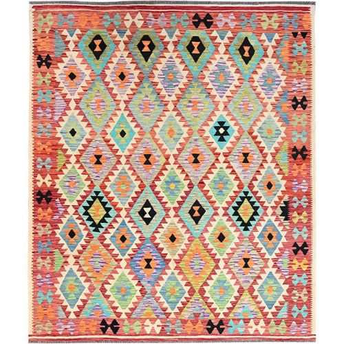 Carmine Red, Hand Woven, Reversible Afghan Kilim with All Over Geometric Diamond Pattern, 100% Wool, Natural Dyes, Flat Weave, Oriental Rug