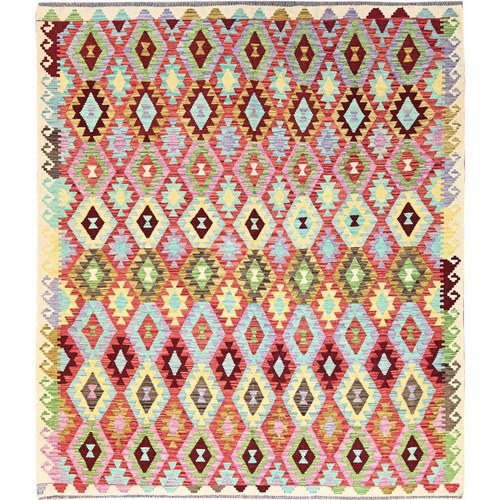 Floral White, 100% Wool, Natural Dyes, Flat Weave, Hand Woven, Reversible, Afghan Kilim with All Over Colorful Geometric Diamond Pattern, Oriental 