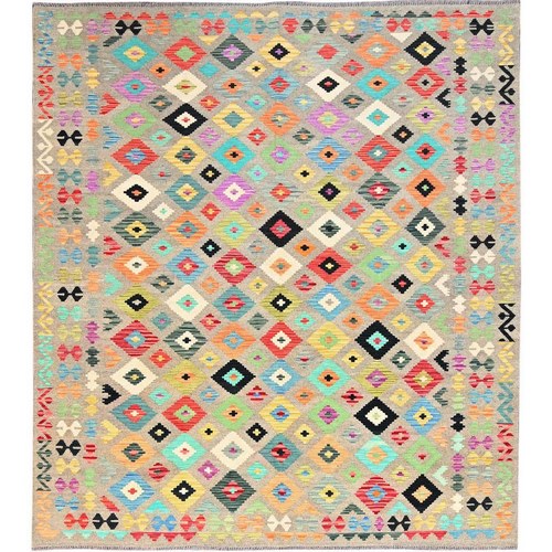 Taupe, Afghan Kilim with Colorful All Over Geometric Pattern, 100% Wool, Natural Dyes, Flat Weave, Hand Woven, Reversible, Oriental 