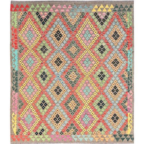 Taupe, 100% Wool, Afghan Kilim with Colorful All Over Geometric Pattern, Natural Dyes, Flat Weave, Hand Woven, Reversible, Oriental 
