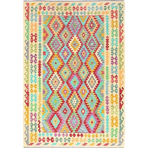 Colorful, Afghan Kilim with Geometric Pattern, 100% Wool, Vegetable Dyes, Flat Weave, Hand Woven, Oriental Rug