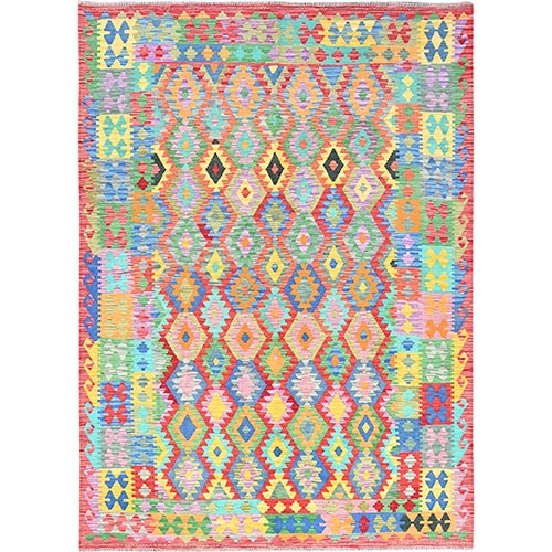 Colorful, Flat Weave, Natural Dyes, Afghan Kilim with Geometric Pattern, Soft Wool, Hand Woven, Oriental Rug
