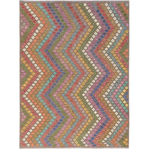 Colorful, Extra Soft Wool, Hand Woven, Vegetable Dyes, Afghan Kilim with Chevron Zig Zag Design, Flat Weave, Oriental Rug