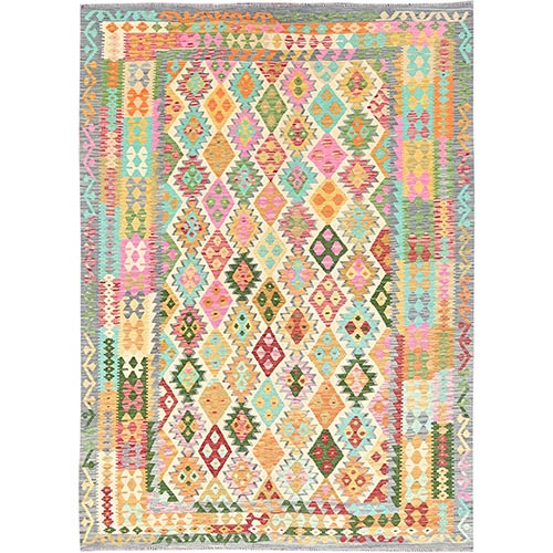 Colorful, Flat Weave, Natural Wool, Vegetable Dyes, Afghan Kilim with Geometric Pattern, Hand Woven, Oriental Rug