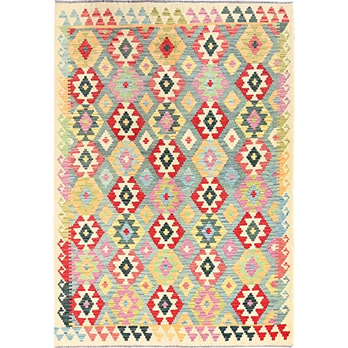 Colorful, Flat Weave, Pure Wool, Natural Dyes, Hand Woven, Afghan Kilim with Geometric Pattern, Oriental Rug