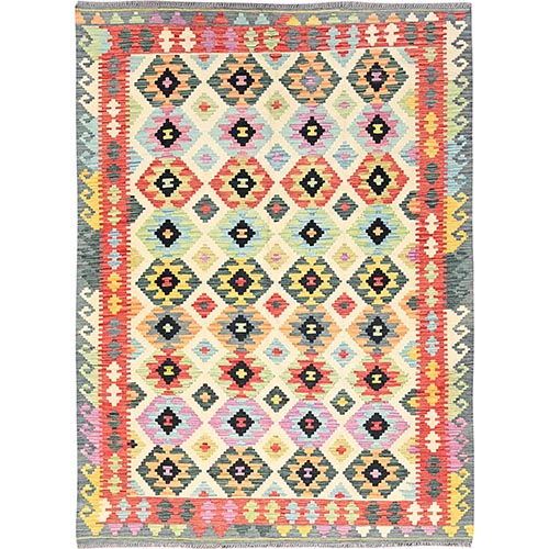 Colorful, Flat Weave, 100% Wool, Afghan Kilim with Geometric Pattern, Vegetable Dyes, Hand Woven, Oriental Rug