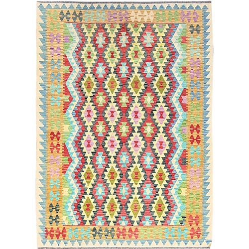 Colorful, Afghan Kilim with Geometric Pattern, Flat Weave, Natural Dyes, Natural Wool, Hand Woven, Oriental Rug

