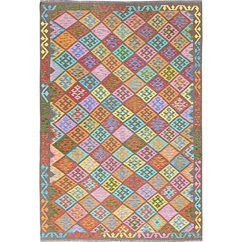 Colorful, Flat Weave, Natural Dyes, Soft Wool,  Afghan Kilim with Geometric Pattern, Hand Woven, Oriental Rug