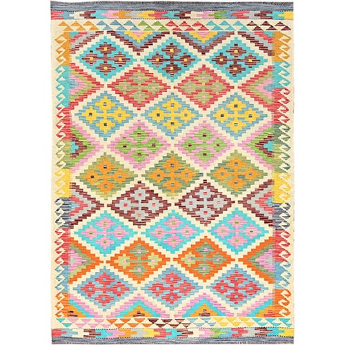 Colorful, Hand Woven, Vegetable Dyes, Afghan Kilim with Geometric Pattern, Extra Soft Wool, Flat Weave, Oriental 