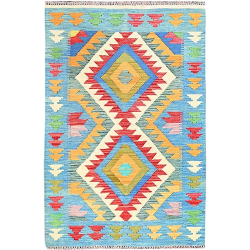 Cerulean Blue, Soft Wool, Afghan Kilim with Geometric Pattern, Vegetable Dyes, Hand Woven, Flat Weave, Oriental Rug
