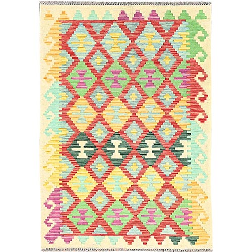 Colorful, Extra Soft Wool, Vegetable Dyes, Flat Weave, Hand Woven, Afghan Kilim with Geometric Pattern, Oriental Rug