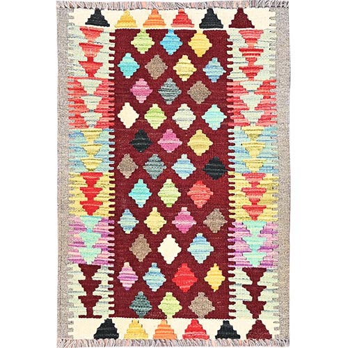 Cherry Red, Natural Dyes, Pure Wool, Hand Woven, Flat Weave, Afghan Kilim with Geometric Pattern, Reversible, Oriental Rug