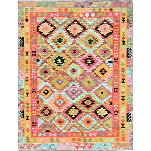 Colorful, Reversible, Flat Weave, Hand Woven, Pure Wool, Afghan Kilim with Geometric Pattern, Natural Dyes, Oriental Rug