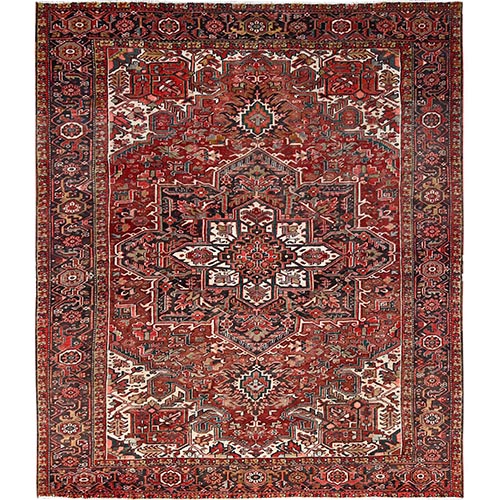 Maroon Red, Rustic Feel, Worn Wool, Hand Knotted, Semi Antique Persian Heriz, Village Motif, Good Condition, Oriental 