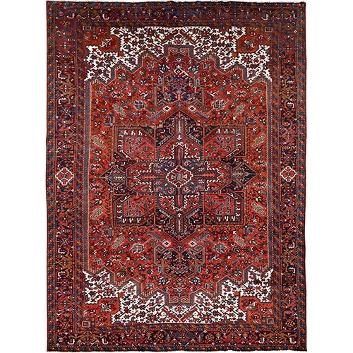Turkey Red, Good Condition, Rustic Feel, Worn Wool, Hand Knotted, Semi Antique Persian Heriz with Tribal Ambience, Oriental 
