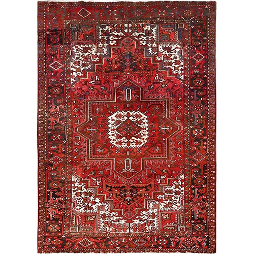 Fire Brick Red, Vintage Persian Heriz with Village Motif, Good Condition, Distressed Look, Pure Wool, Hand Knotted, Oriental 