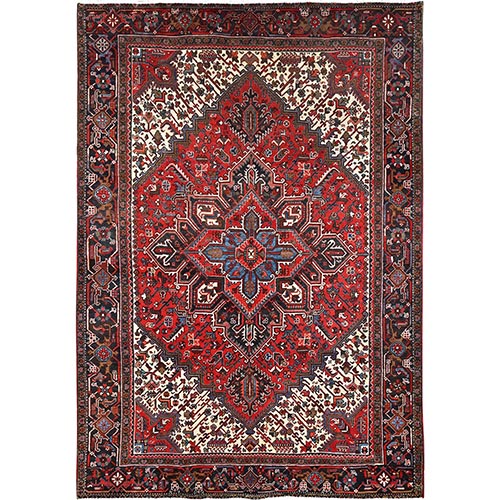 Imperial Red, Semi Antique Persian Heriz, Good Condition, Distressed Look, Pure Wool, Hand Knotted, Oriental 