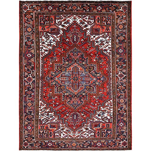 Imperial Red, Semi Antique Persian Heriz with Village Motif, Good Condition, Rustic Feel, Worn Wool, Hand Knotted, Oriental 