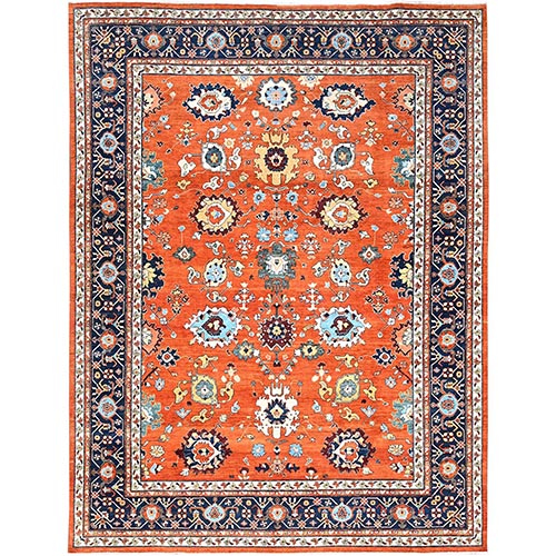 Tiger Orange, Natural Wool, Vegetable Dyes, Dense Weave, Afghan Peshawar with Serapi Heriz Design, Hand Knotted, Oriental Rug