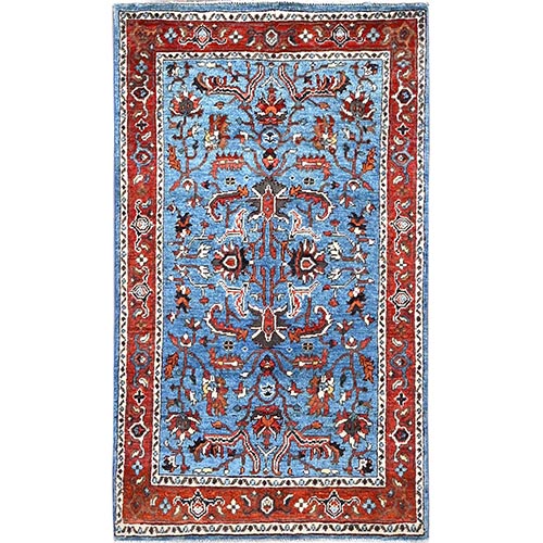 Cerulean Blue, Afghan Peshawar with Serapi Heriz Design, Dense Weave, Vegetable Dyes, 100% Wool, Hand Knotted, Oriental Rug