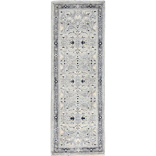 Gainsboro Grey, Afghan Peshawar with Serapi Heriz Design, Dense Weave, Vegetable Dyes, Extra Soft Wool, Hand Knotted, Runner Oriental Rug