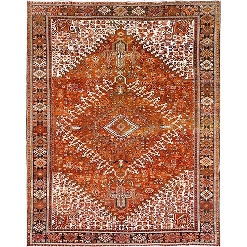 Alloy Orange, Semi Antique Persian Heriz with Ivory Corners, Good Condition, Rustic Feel, Worn Wool, Hand Knotted, Oriental 