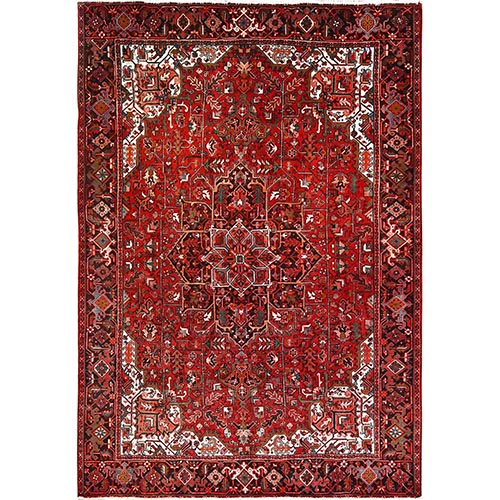 Chili Red, Rustic Look, Worn Wool, Hand Knotted, Semi Antique Persian Heriz with Tribal Ambience, Good Condition, Oriental 