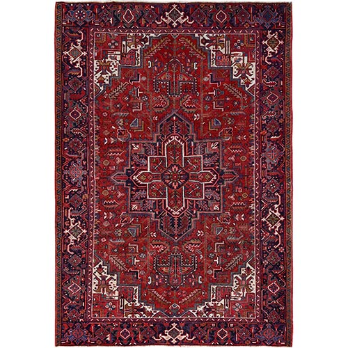 Treador Red, Good Condition, Evenly Worn, Distressed Feel, Natural Wool, Semi Antique Persian Heriz, Sides and Ends Professionally Secured, Oriental Hand Knotted 