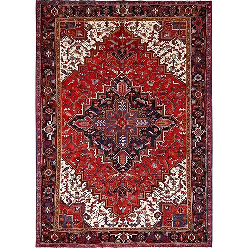 Venetian Red, Good Condition, Hand Knotted Sides and Ends Professionally Secured, Cleaned, Semi Antique Evenly  Worn Wool Persian Heriz with Tribal Ambience, Oriental 