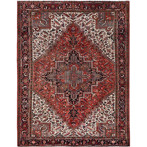 Autumn Leaf Red, Rustic Look, Evenly Worn Wool, Hand Knotted Good Condition Vintage Persian Heriz, Sides and Ends Secured, Professionally Cleaned, Oriental Abrash 