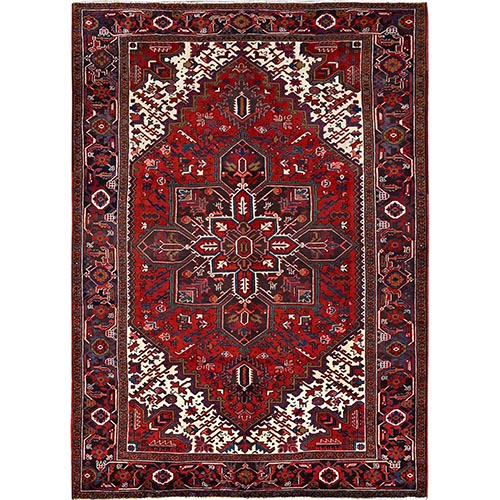 Imperial Red, Evenly Worn, Pure Wool, Hand Knotted, Semi Antique Persian Heriz With Ivory Corners, Abrash, Good Condition, Sides and Ends Professionally Secured, Cleaned, Oriental 