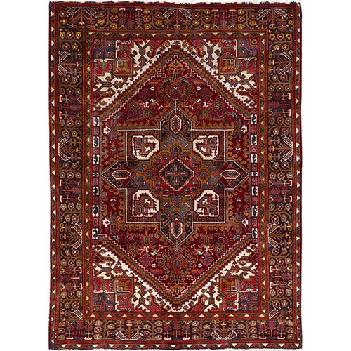 Merlot Red, Rustic Look, Evenly Worn Wool, Hand Knotted, Semi Antique Persian Heriz with Geometric Pattern, Good Condition, Oriental 