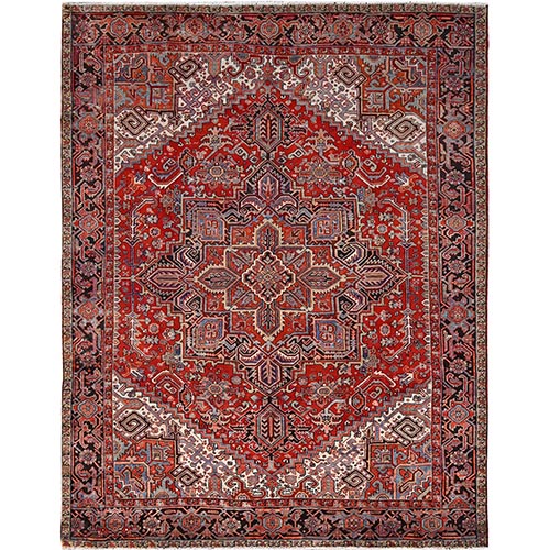 Kobe Red, 100% Wool, Hand Knotted, Semi Antique Persian Heriz, Evenly Worn, Good Condition, Clean, Sides and Ends Professionally Secured, Oriental Rug 