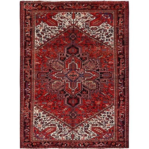Vivid Auburn Red, Hand Knotted Vintage  Persian Evenly Worn Pure Wool Heriz, Good Condition, Sides and Ends Professionally Secured, Cleaned, Oriental Rug 