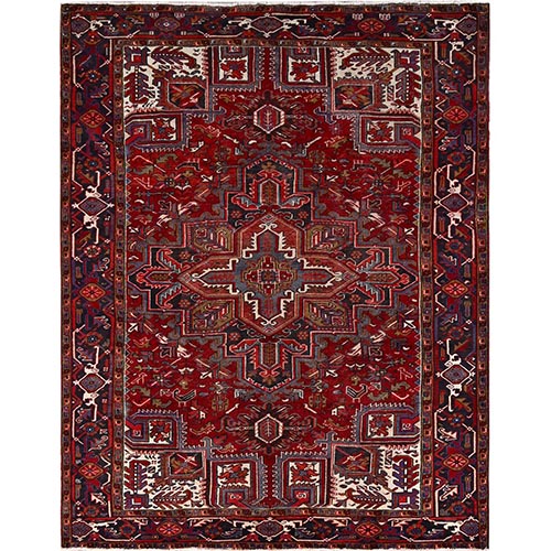 Vermilion Red, Hand Knotted Semi Antique Persian All Wool Heriz, Good Condition, Sides and Ends Secured and Professionally Cleaned, Oriental Rug 