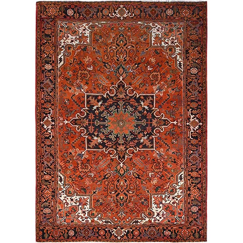 Aura Orange, Hand Knotted, Semi Antique Evenly Worn Wool Persian Heriz with Geometric Pattern, Good Condition Cleaned, Abrash, Sides and Ends Professionally Secured, Oriental 