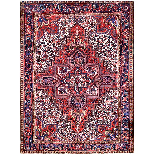 Coquelicot Red, Hand Knotted Rustic Feel Evenly Worn Wool, Good condition, Clean, Abrash, Sides and Ends Professionally Secured, Shaved Down Vintage and Semi Antique Oriental Persian Heriz With Village Motifs Rug 