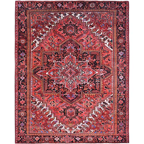 Electric Crimson Red and Vintage Semi Antique Persian Heriz Abrash, Hand Knotted, Good Condition, Areas of Evenly Worn Wool, Sides and Ends Professionally Secured, Cleaned, Oriental 