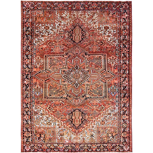 Salamander Orange, Semi Antique Persian Heriz, Geometric Pattern, Good Condition, Even Wear, Sides and Ends Professionally Secured, Cleaned, All Wool Hand Knotted Oriental 