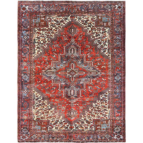 Pigment Red, Soft Wool Hand Knotted Semi Antique Persian All Over Heriz Design, Good Condition, Abrash Sides and Ends Secured, Professionally Cleaned, Oriental 