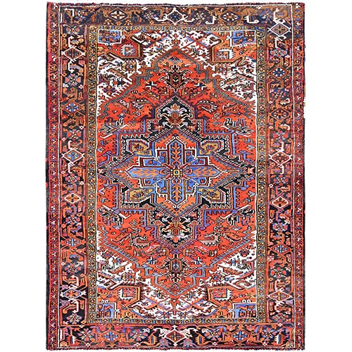 Syracuse Orange, Sides and Ends Professionally Secured, Cleaned, Good condition, Abrash Hand Knotted Semi Antique Evenly Worn Wool Heriz Persian Design, Oriental Rug 