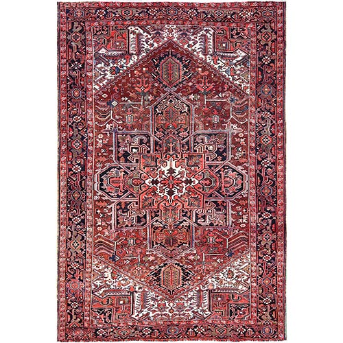 Rosewood Red, 100% Wool, Hand Knotted, Semi Antique Persian Heriz, Evenly Worn, Professionally Clean, Sides and Ends Secured, Oriental 