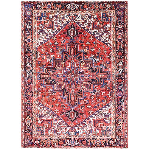Lust Red, Semi Antique Vintage Persian Heriz, Good Condition, Evenly Worn, Pure Wool, Hand Knotted, Sides and Ends Professionally Secured, Cleaned, Oriental 