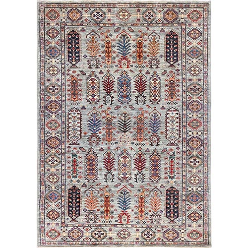 Chrome Gray, Densely Woven, Organic Wool, Hand Knotted, Afghan Super Kazak with Geometric Repetitive Tree Design, Natural Dyes, Oriental Rug